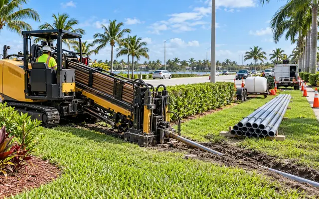 Illustrative directional boring rig installing an underground pathway near a roadway