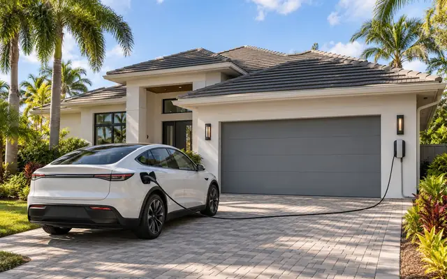 Electric car connected to a charger in the driveway of a South Florida home