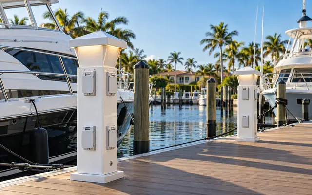 Two shore-power pedestals along a marina dock with boats on either side