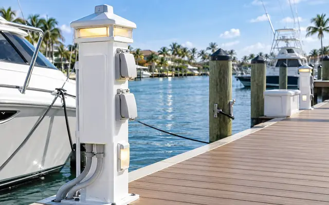 White shore-power electrical pedestal beside a boat at a Florida marina