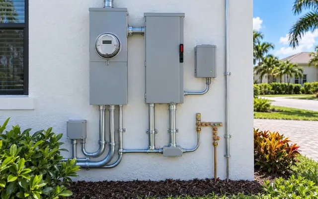Exterior electrical meter and service equipment mounted on a Florida home