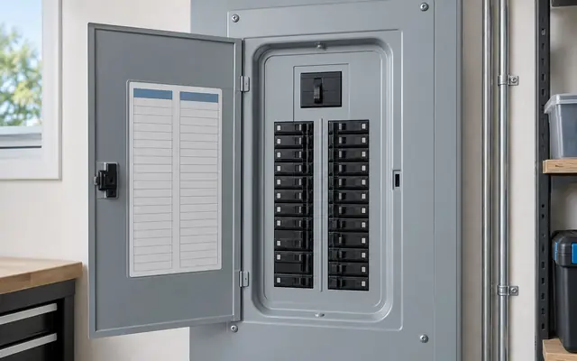 Interior residential electrical panel with breakers and open cover