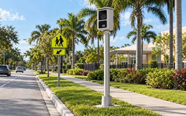 Illustrative school speed zone camera pole beside a South Florida roadway